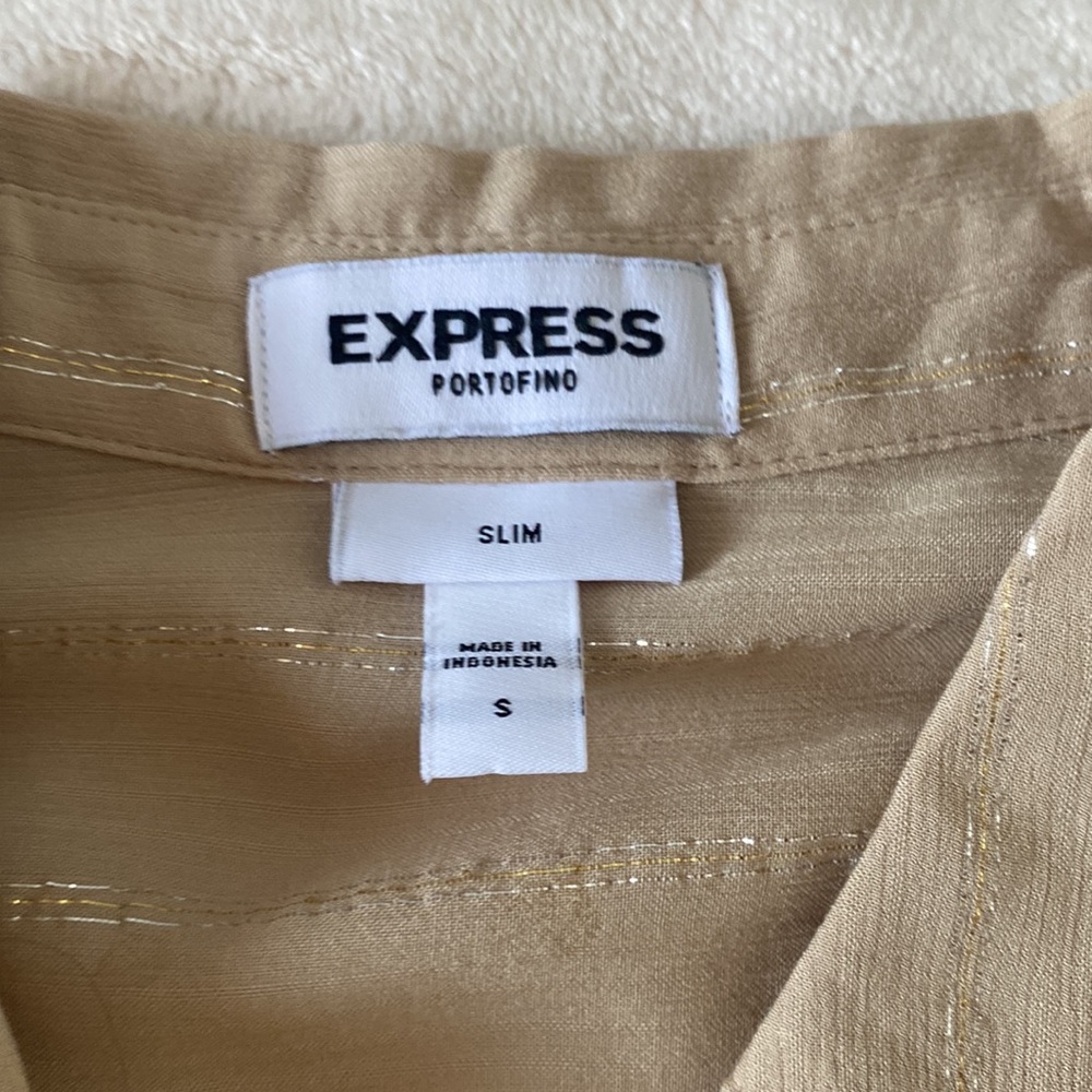 Express Beige Glittery Button Down Slim Small - image 4